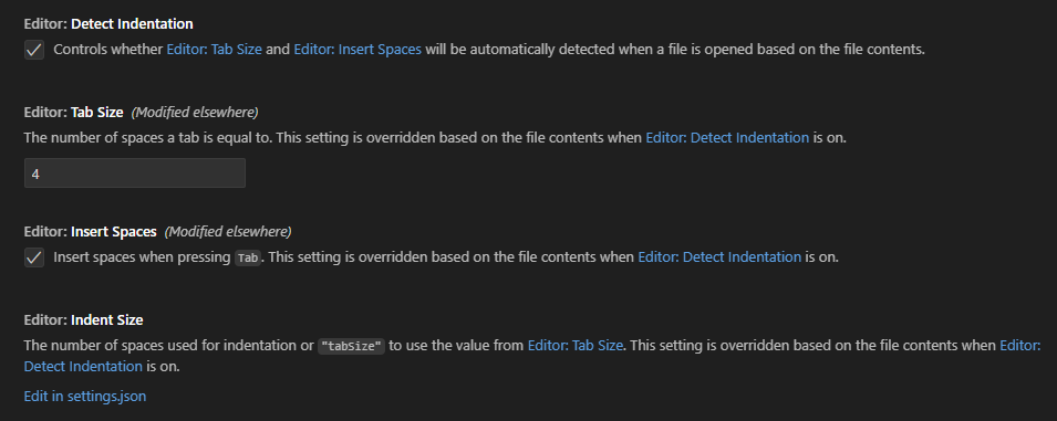 VSC indent settings