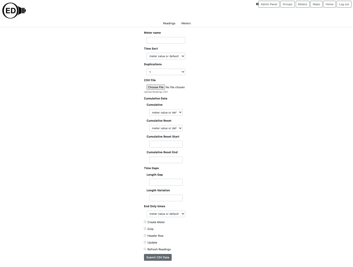 admin CSV meter page