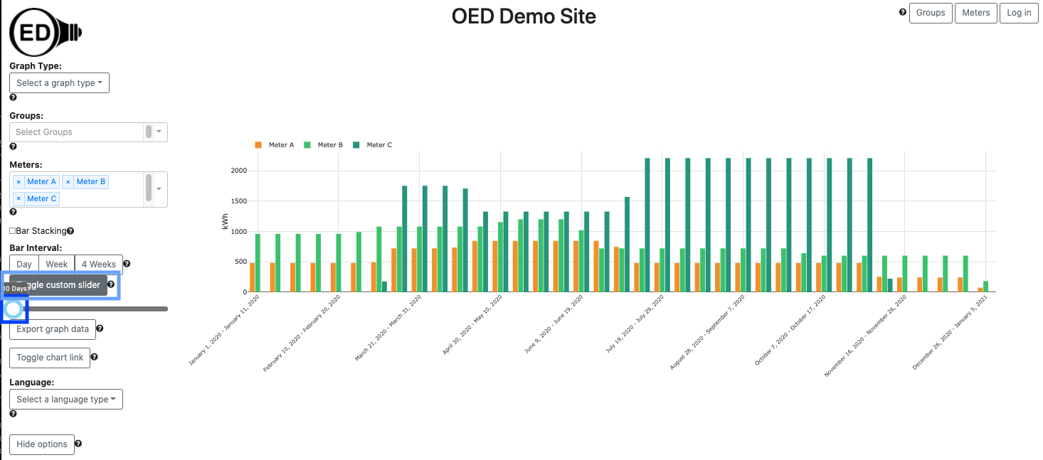 using custom slider to set bar time range to 10 days