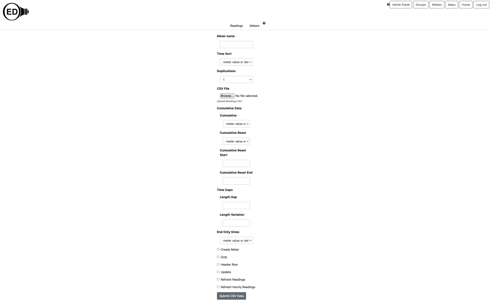 admin CSV meter page