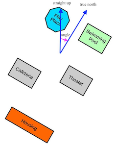 Happy Place map rotated 30 degrees with up and true north vectors along with angle between